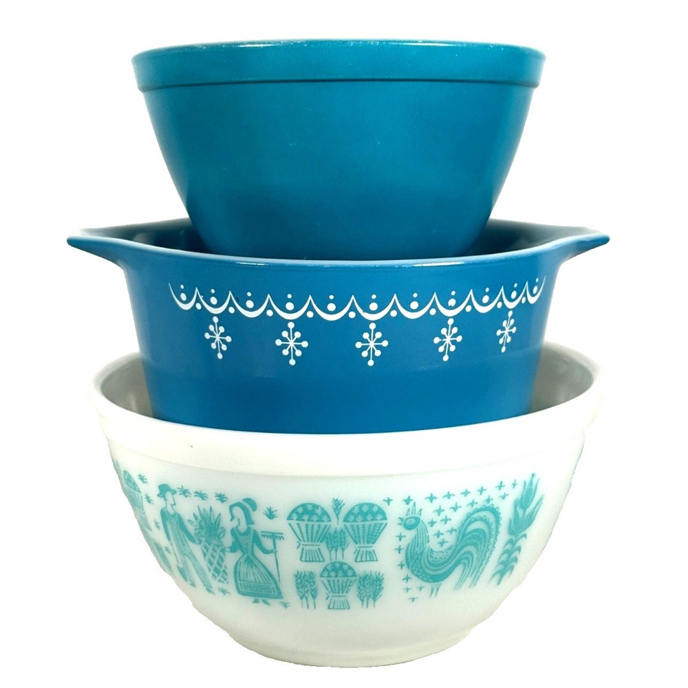 Vtg Pyrex Mixing Bowl Set Butterprint 402 Snowflake 473 Turquoise 401 3 Piece